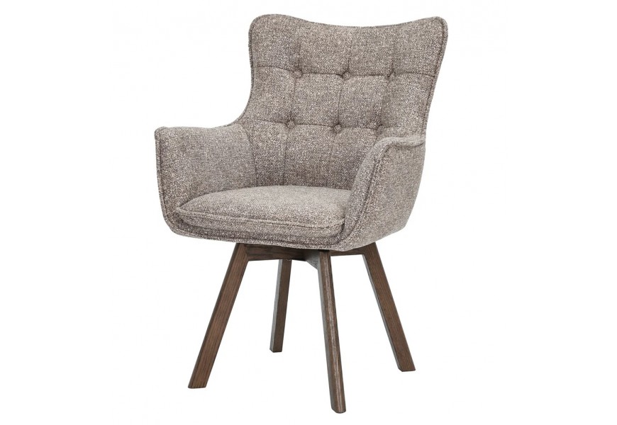 Moderní designová otočná jídelní židle Herold typu ušák potažená v šedé melírované textilii s opěrkami na ruce s hranatými nožičkami z dubového dřeva v tmavě hnědé barvě