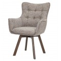 Moderní designová otočná jídelní židle Herold typu ušák potažená v šedé melírované textilii s opěrkami na ruce s hranatými nožičkami z dubového dřeva v tmavě hnědé barvě