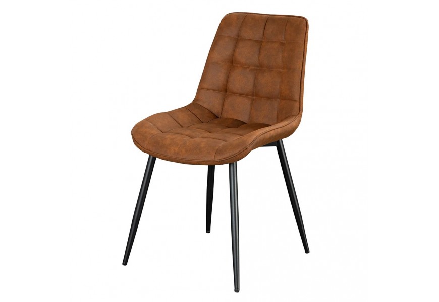 Designová moderní kožená jídelní židle Moritz s čalouněním a potahem z ekokůže s prošíváním se čtvercovým vzorem v koňakové hnědé barvě s nožičkami z kovu v matném černém provedení