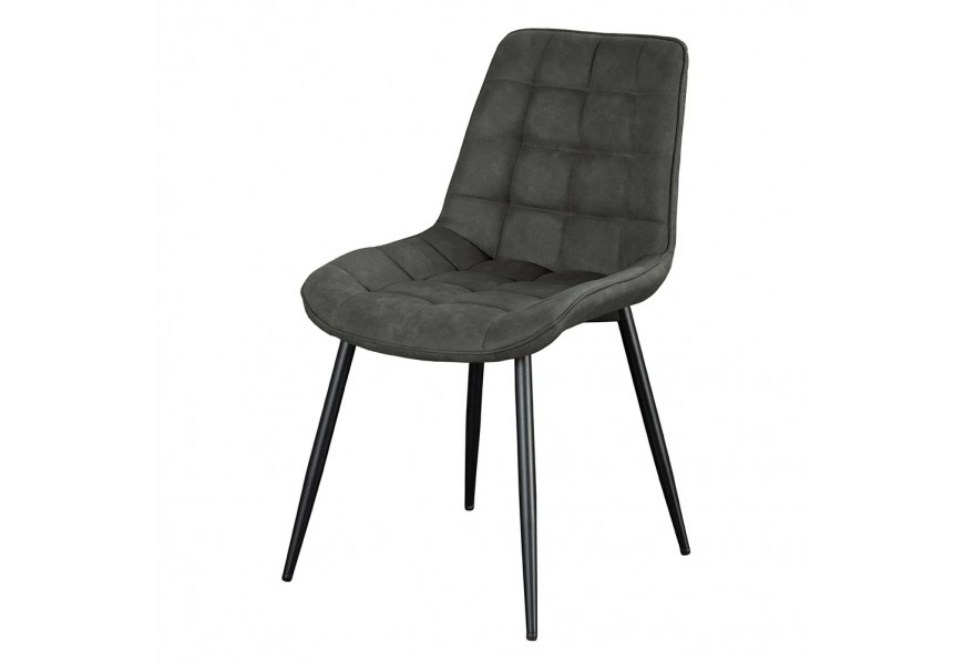 Moderní designová tmavá šedá jídelní židle Moritz s potahem z ekokůže s dekorativním prošíváním se vzorem čtverců se šikmýma kovovými nohami v matné černé barvě