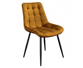 Moderní skandinávská čalouněná sametová jídelní židle Moritz v hořčicové žluté barvě s prošíváním se čtvercovým vzorem s černými šikmými nožičkami z kovu v matném černém provedení