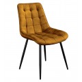 Moderní skandinávská čalouněná sametová jídelní židle Moritz v hořčicové žluté barvě s prošíváním se čtvercovým vzorem s černými šikmými nožičkami z kovu v matném černém provedení