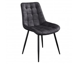 Designová industriální čalouněná jídelní židle Moritz se sametovým potahem s prošívaným čtvercovým vzorem v tmavě šedé barvě s nožičkami z kovu v matném černém provedení
