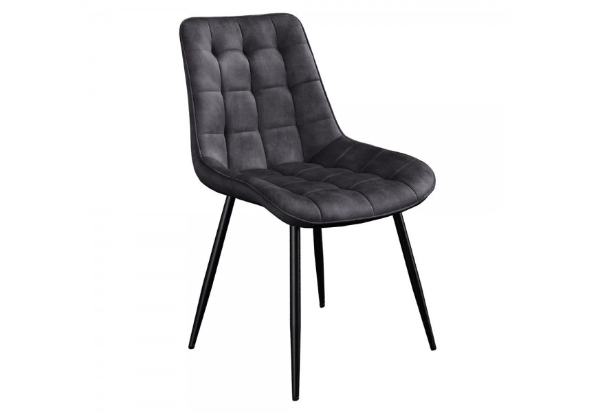 Designová industriální čalouněná jídelní židle Moritz se sametovým potahem s prošívaným čtvercovým vzorem v tmavě šedé barvě s nožičkami z kovu v matném černém provedení