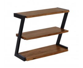 Designový industriální obdélníkový tříúrovňový stojan na boty z masivního akáciového dřeva v medové hnědé barvě se třemi poličkami s kovovou konstrukcí v černé barvě