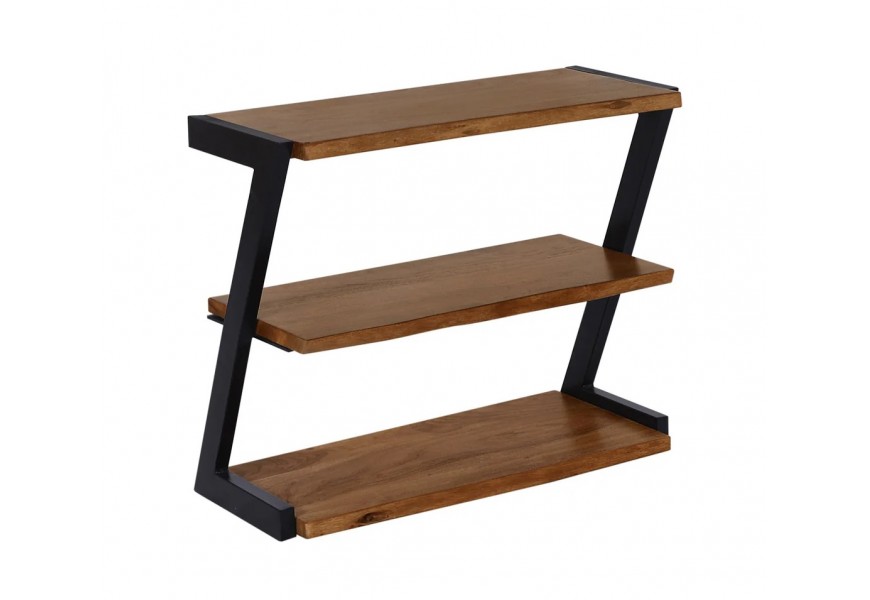 Designový industriální obdélníkový tříúrovňový stojan na boty z masivního akáciového dřeva v medové hnědé barvě se třemi poličkami s kovovou konstrukcí v černé barvě