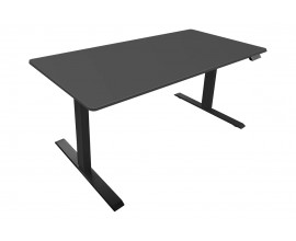 Moderní industriální výškově nastavitelný psací stůl Vancouver se dvěma černými kovovými nohami s lineární podstavou a obdélníkovou černou deskou s dýhy s melaminovým povrchem