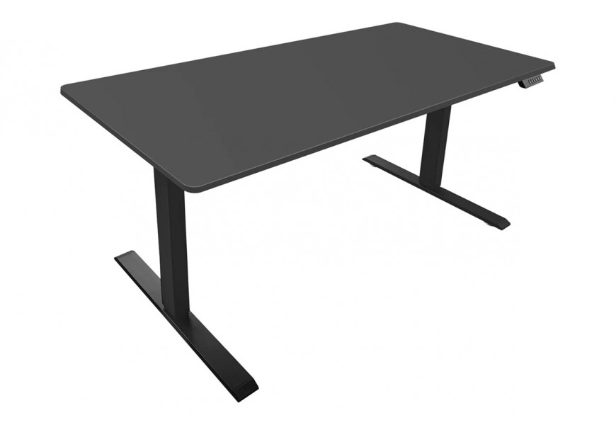 Moderní industriální výškově nastavitelný psací stůl Vancouver se dvěma černými kovovými nohami s lineární podstavou a obdélníkovou černou deskou s dýhy s melaminovým povrchem