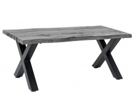 Industri&aacute;ln&iacute; čern&yacute; obd&eacute;ln&iacute;kov&yacute; konferenčn&iacute; stolek Wild s dřevěnou vrchn&iacute; deskou se zachovalou kresbou dřeva s překř&iacute;žen&yacute;mi nožičkami z kovu v čern&eacute; barvě