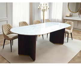 Art deco ov&aacute;ln&yacute; j&iacute;deln&iacute; stůl Gatsby s b&iacute;lou mramorovou vrchn&iacute; deskou a dřevěn&yacute;mi nožičkami 240 cm