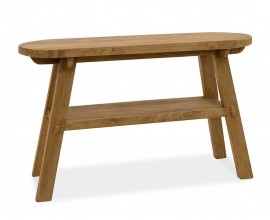 Luxusní masivní konzolový stolek Shetland s oválnou vrchní deskou a obdélníkovou policí s mohutnými šikmými hranolovými nohami z teakového dřeva v teplé hnědé naturální barvě