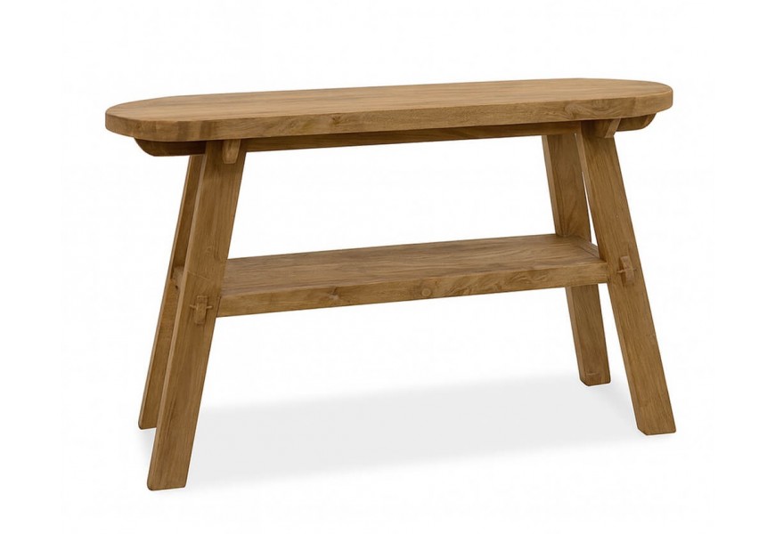 Luxusní masivní konzolový stolek Shetland s oválnou vrchní deskou a obdélníkovou policí s mohutnými šikmými hranolovými nohami z teakového dřeva v teplé hnědé naturální barvě