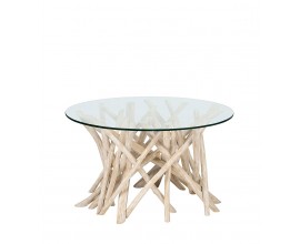 Luxusní designový masivní konferenční stolek Enteo s průhlednou kulatou vrchní deskou z bezpečnostního skla a organickou podstavou s asymetricky uspořádanými větvemi běleného teakového dřeva v krémové barvě