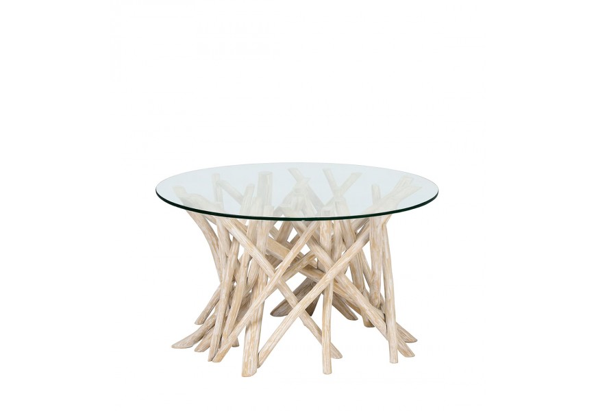 Luxusní designový masivní konferenční stolek Enteo s průhlednou kulatou vrchní deskou z bezpečnostního skla a organickou podstavou s asymetricky uspořádanými větvemi běleného teakového dřeva v krémové barvě