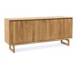 Luxusní moderní venkovský čtyřdveřový příborník Paschal v naturální světle hnědé barvě z masivního teakového dřeva s lineární siluetou a rámovými nožičkami ve tvaru obdélníku