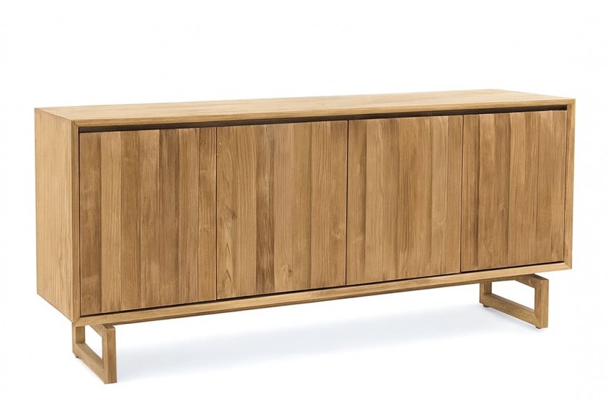Luxusní moderní venkovský čtyřdveřový příborník Paschal v naturální světle hnědé barvě z masivního teakového dřeva s lineární siluetou a rámovými nožičkami ve tvaru obdélníku