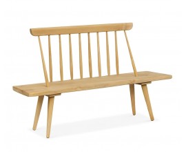 Designová moderní lavice Hiberto z masivního teakového dřeva v naturální světle hnědé barvě s obdélníkovým sedákem opěrkou s vertikálními výplněmi