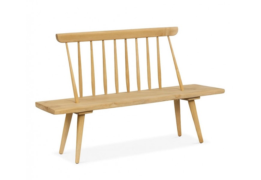 Designová moderní lavice Hiberto z masivního teakového dřeva v naturální světle hnědé barvě s obdélníkovým sedákem opěrkou s vertikálními výplněmi