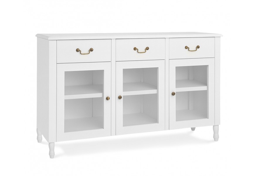 Luxusní vintage třídveřový příborník Berkshire se třemi zásuvkami a průhlednými skleněnými dvířky s bílým lakováním a úchyty ve starožitné zlaté barvě s kulatými nožičkami s designem soustruženého dřeva