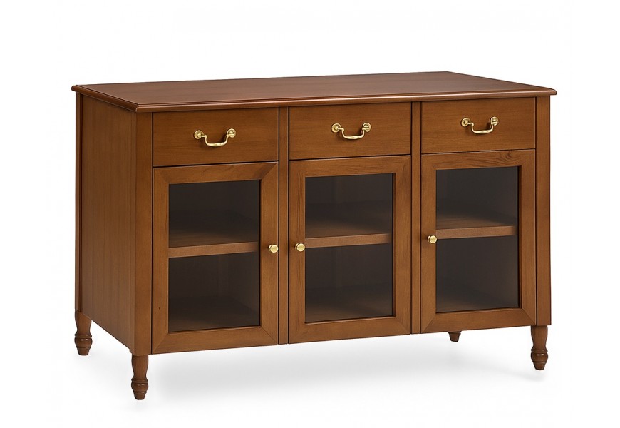 Luxusní koloniální příborník Berkshire z mahagonového dřeva v hnědé barvě se třemi zásuvkami a skleněnými dvířky 140 cm
