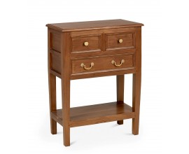 Luxusní koloniální masivní noční stolek Donelly s obdélníkovou vrchní deskou a třemi zásuvkami s úchyty z kovu ve zlaté barvě s jednou velkou otevřenou policí z mahagonového dřeva v hnědé barvě