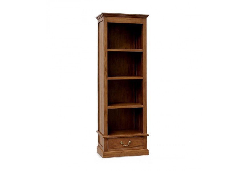 Luxusní klasická masivní knihovna Donelly z mahagonu v teplé hnědé barvě se čtyřmi policemi a zásuvkou ve spodní části s visací úchytkou ve tvaru U z kovu ve zlaté barvě