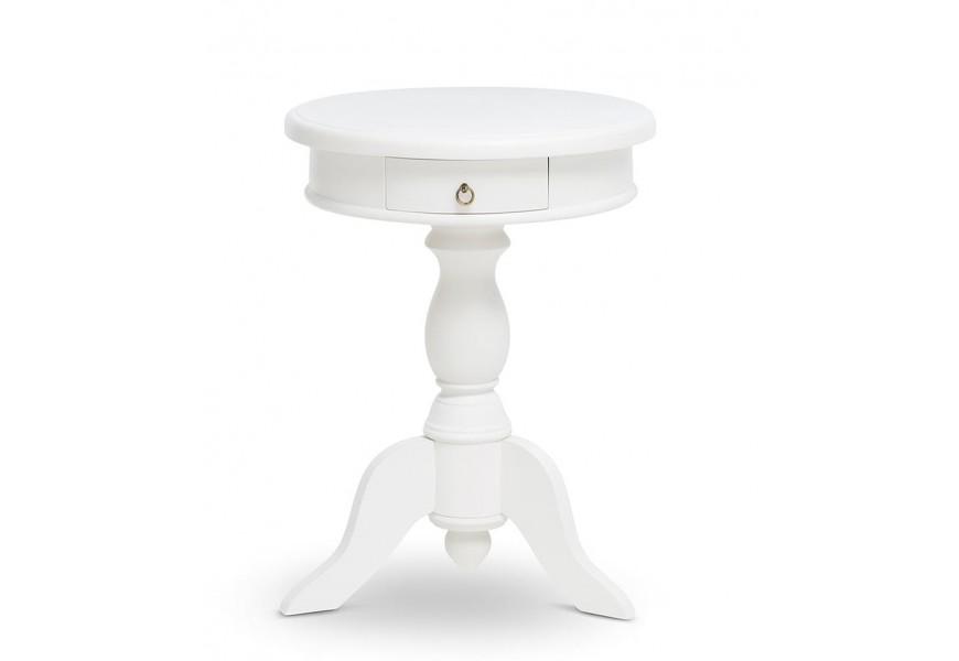 Luxusní klasický masivní mahagonový bílý příruční stolek Mahani s kulatou vrchní deskou s jednou zásuvkou s vyřezávanou nohou se čtyřmi rameny