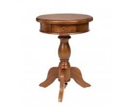 Luxusní koloniální kulatý příruční stolek Mahani se šuplíkem a vyřezávanou nohou z mahagonového dřeva v hnědé barvě 65 cm