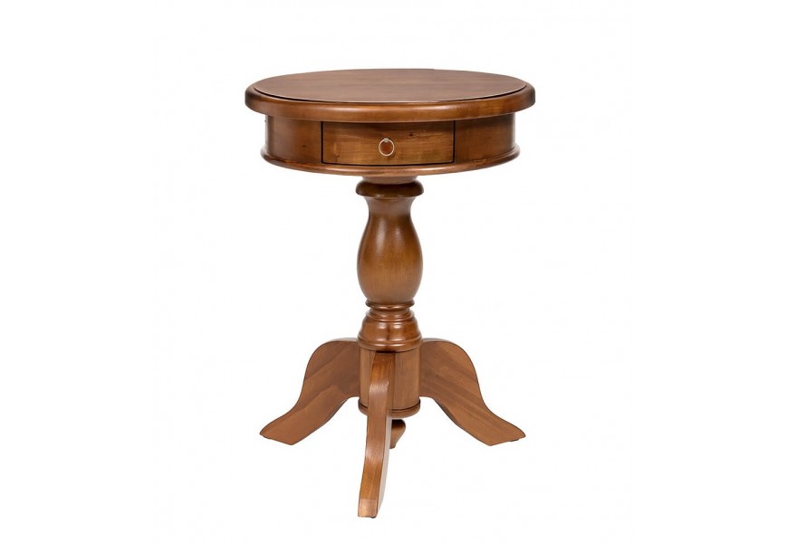 Luxusní klasický mahagonový masivní příruční stolek Mahani v hnědém provedení s kulatou vrchní deskou a zásuvkou s úchytkou z kovu ve zlaté barvě s vyřezávanou nohou ukončenou čtyřmi prohnutými rameny