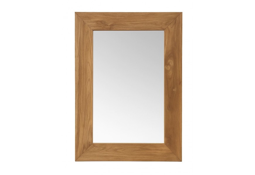 Masivní venkovské nástěnné obdélníkové zrcadlo Madero s robustním dřevěným teakovým rámem ve světle hnědé barvě s přirozenou jadernou kresbou dřeva a se 45stupňovým spojením rohů