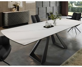 Luxusní moderní jídelní sestava Marbleux s mramorovým rozkládacím stolem a černými koženými židlemi