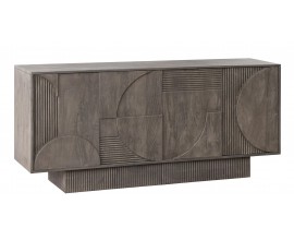 Masivn&iacute; art deco &scaron;ed&yacute; čtyřdveřov&yacute; př&iacute;born&iacute;k Sonia z mangov&eacute;ho dřeva s přiznanou kresbou letokruhů v obd&eacute;ln&iacute;kovou žebrovanou podstavou a vyřez&aacute;van&yacute;m geometrick&yacute;m reli&eacute;fem na předn&iacute; straně s motivem kruhů a rovn&yacute;ch lini&iacute;