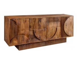 Masivn&iacute; art deco čtyřdveřov&yacute; př&iacute;born&iacute;k Sonia z mangov&eacute;ho dřeva v natur&aacute;ln&iacute; hněd&eacute; barvě s geometrick&yacute;m reli&eacute;fem 170 cm