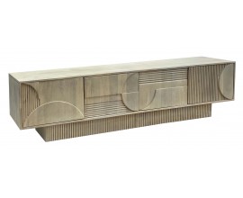 Moderní art deco světlý hnědý TV stolek Sonia se čtyřmi dvířky s geometrickým reliéfem z běleného mangového dřeva 200 cm