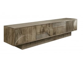 Masivní art deco TV stolek Sonia se čtyřmi dvířky s geometrickým vyřezávaným zdobením v šedé barvě 200 cm