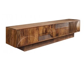Designový art deco čtyřdveřový TV stolek Sonia s geometrickým reliéfem z masivního mangového dřeva v hnědé barvě 200 cm
