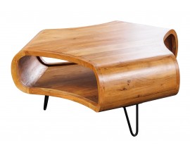 Moderní designový asymetrický konferenční stolek Spin s poličkou z medově hnědého akáciového dřeva s černými nožičkami 90 cm