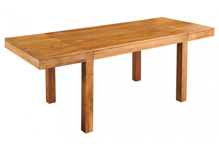 Venkovský jídelní stůl Mammut s obdélníkovou vrchní deskou se dvěma rozkládacími panely z masivního akáciového dřeva v naturální světle hnědé barvě s přiznanou kresbou letokruhů
