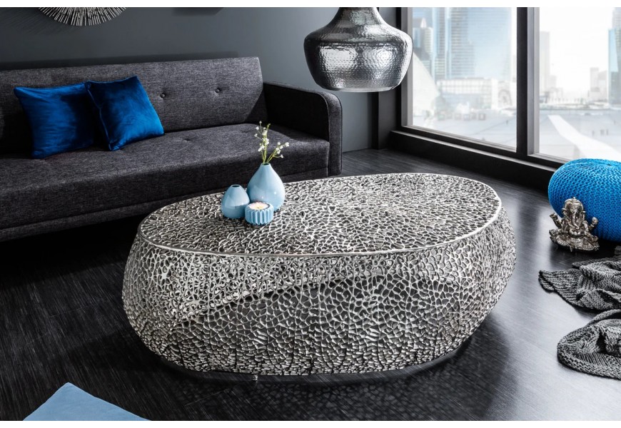 Moderní glamour oválný kovový stříbrný konferenční stolek Hoja s designem buněčné struktury listů organického tvaru