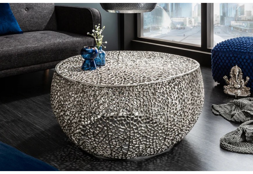 Moderní glamour kovový stříbrný konferenční stolek Hoja kulatého tvaru s designem organické buněčné struktury listů