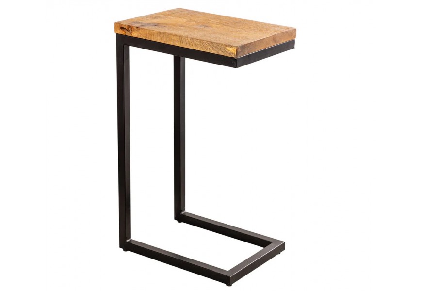 Industriální obdélníkový příruční stolek Mango Natur s vrchní deskou z mangového dřeva v medové hnědé barvě a kovovou černou konstrukcí