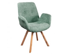 Designov&aacute; j&iacute;deln&iacute; židle Loris v zelen&eacute; barvě s n&iacute;zk&yacute;mi bočn&iacute;mi opěrkami s boucl&eacute; potahem a dubov&yacute;mi nožičkami