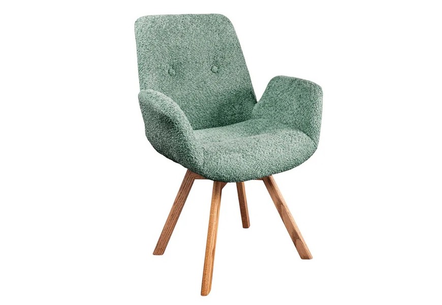 Designová jídelní židle Gothenborg v zelené barvě s nízkými bočními opěrkami s bouclé potahem a dubovými nožičkami