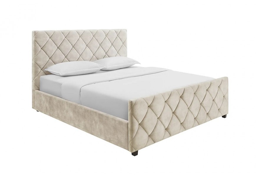Moderní čalouněná manželská postel Angelica s potahem se sametu ve světlé krémové barvě s prošívaným čelem a patou s diamantovým vzorem s rošty a úložným prostorem