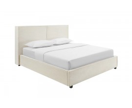 Designová skandinávská čalouněná manželská postel Linnea s kordovým potahem s lineární strukturou v krémové béžové barvě s hranatou siluetou s nízkými černými nožičkami a úložným prostorem