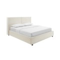 Designová skandinávská čalouněná manželská postel Linnea s kordovým potahem s lineární strukturou v krémové béžové barvě s hranatou siluetou s nízkými černými nožičkami a úložným prostorem