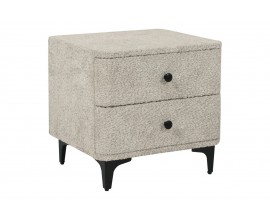 Designový čtvercový art deco noční stolek Lanc s potahem z buklé v béžové šedé barvy se dvěma zásuvkami a černými kulatými úchyty s kovovými černými nožičkami