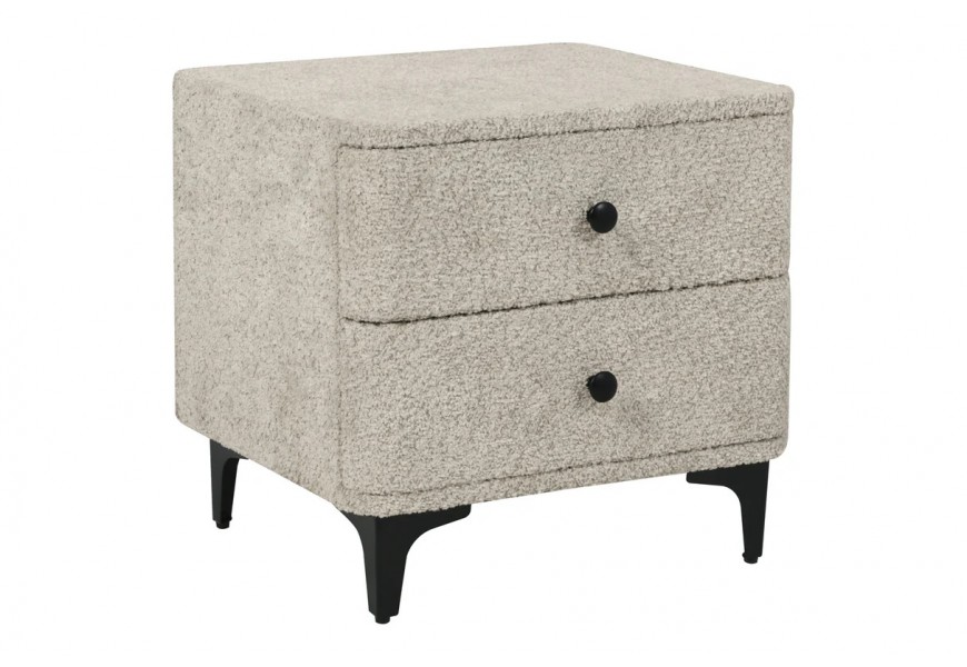 Designový čtvercový art deco noční stolek Lanc s potahem z buklé v béžové šedé barvy se dvěma zásuvkami a černými kulatými úchyty s kovovými černými nožičkami