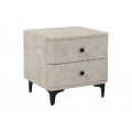 Designový čtvercový art deco noční stolek Lanc s potahem z buklé v béžové šedé barvy se dvěma zásuvkami a černými kulatými úchyty s kovovými černými nožičkami