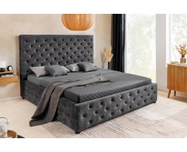Moderní tmavá šedá sametová manželská postel Kreon s úložným prostorem a prošíváním s knoflíky v chesterfield stylu 200 cm